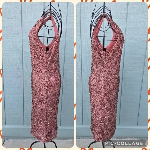 Alice + Olivia Kimber Rose Gold Sequin Beaded Scoop Back Sleeveless Dress. Size Backless